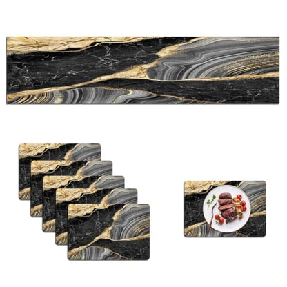 Mcalk Black Marble Table Runner and Placemats Set of 6 Pieces, Gold Marble Placemats, Modern Cloth Place Mats Indoor for Kitchen,Washable Linen Material for Dining Table - color: 02marble Black