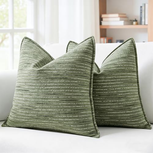 NUYECY Soft Chenille Decorative Throw Pillow Covers 20x20 Set of 2,Green Neutral Couch Pillow Covers Striped Textured Farmhouse Pillowcases for Modern Home Decor Bed Sofa Living Room Bedroom - color: Green, size: 20" x 20" (Pack of 2)