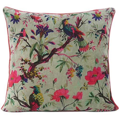 Velvet Floral Flower Bird Throw Pillow Sofa Cushion Cover Case Couch Colorful Boho Chic Bohemian Accent Indian Handmade (Olive Green, 16" x 16") - color: Olive Green, size: 16" x 16" (Pack of 1)