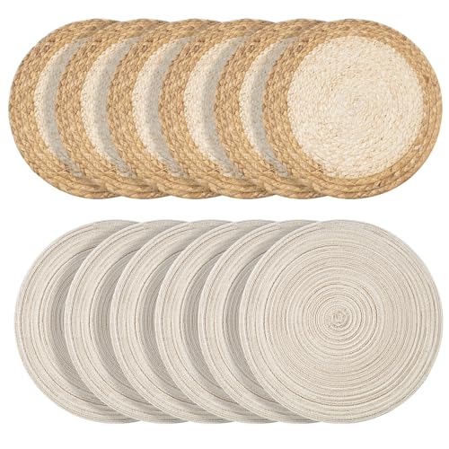 Handmade Round Boho Placemats Set of 6 | Natural Woven & Polyester Braided Combo Table Mats | 12-Piece Versatile Place Mats | Simple Rustic Farmhouse Style Dining Table Decor, Ivory - color: Ivory