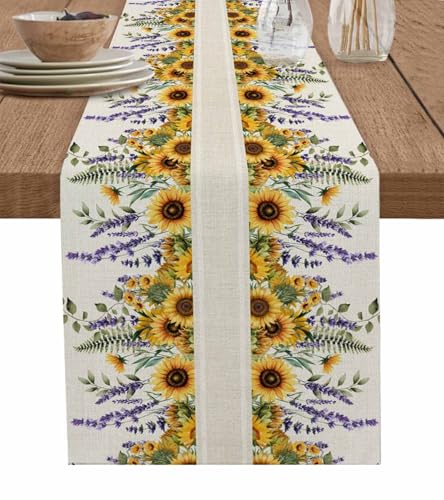 Spring Summer Floral Table Runner-Cotton Linen-120 Inch Holiday Dresser Scarves, Sunflower Lavender Wild Flowers Tablerunner for Kitchen Coffee/Dining Bedroom Home Living Room Dinner Scarf Décor - color: Flowers, size: 13x120 Inch