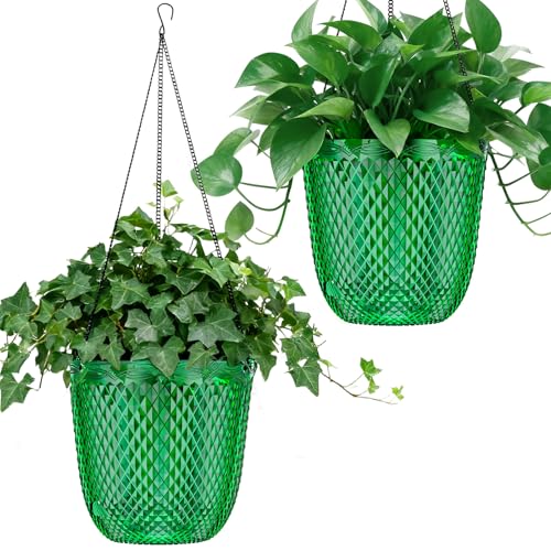 QCQHDU Hanging Planters for Indoor Plants, 2-Pack, 7.2 Inch, Emerald | Plastic, Self Watering Plant Hanger, with Drainage Holes, 3 Hooks Chains, For Garden Home - color: Emerald, size: 7.2in