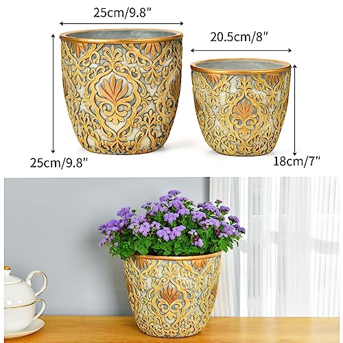 Sungmor Set of 2, 8 & 10 Inch Heavy Duty Embossed Cement Plant Pots | Sturdy Concrete Garden Planters with Drainage Holes, Decorative Flower Pots for Indoor Outdoor Home & Patio Decor