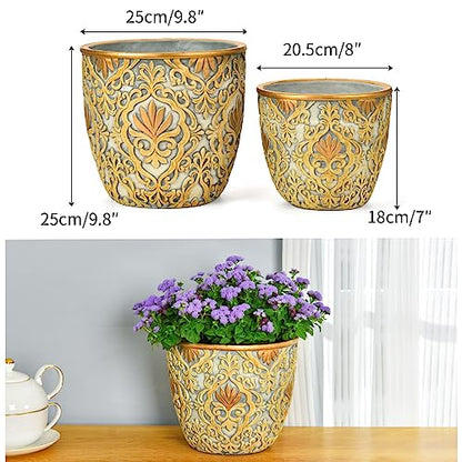 Sungmor Set of 2, 8 & 10 Inch Heavy Duty Embossed Cement Plant Pots | Sturdy Concrete Garden Planters with Drainage Holes, Decorative Flower Pots for Indoor Outdoor Home & Patio Decor