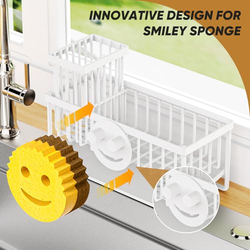 Sponge Holder for Kitchen Sink,Smiley Face Sink Caddy with Removable Brush Holder,Self-Draining Sponge Caddy for Sponge,Soap,Dish Brush,Scrubber,Kitchen Essentials and Gadgets-White - color: 1 Tier White