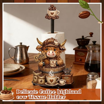 Coffee Highland Cow Paper Towel Holder Coffees Kitchen Decor Farmhouse Metal Highland Cow Coffee Bar Accessories Stand with Round Base for Home Bathroom Countertop Toilet Caffee Lover Gifts - style: Coffee