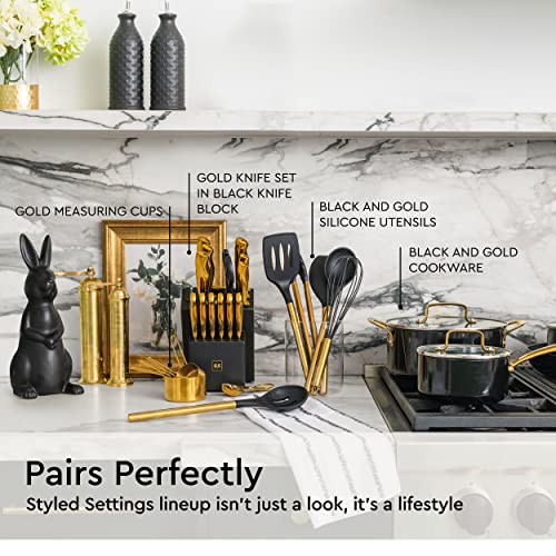 Styled Settings Black and Gold Kitchen Utensils Set, 6-Piece | Silicone Utensils Set Include Tongs, Whisk, Serving Spoon, Spatula, & Turner for Stylish Cooking - Gold Kitchen Accessories - color: Black & Gold