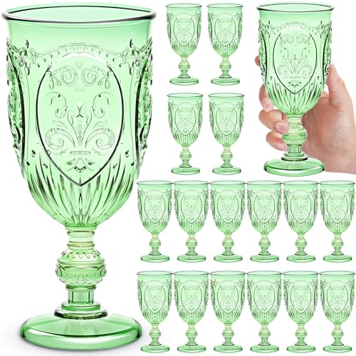 Wiwiqing 18 Pack Plastic Goblets 10oz Upgrade Vintage Water Goblet Plastic Wine Glasses Colored Retro Embossed Glassware for Party Wine Bar Juice Baby Shower Wedding Reception Grand (Green) - color: Green