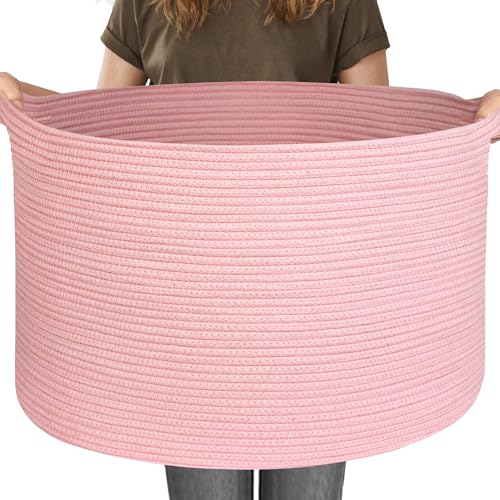 115L Oversized Pink Basket, 23.6"x15.7" Woven Cotton Rope Bin with Handles, XXXL Blanket Storage for Living Room, Kids Toy Storage Bin Box, Baby Laundry Basket for Organizing, Pink Room Decor - color: Pink, size: 23.6"x23.6"x15.7"