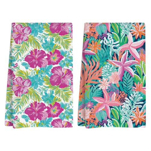 Summer Kitchen Towels, Summer Kitchen Bathroom Decor, Housewarming Gifts, Starfish Flower Waffle Decorative Dish Hand Towel for Seasonal Holiday Bathroom Home Bar Baking Set of 2 14x24 Inch - color: Starfish Flower