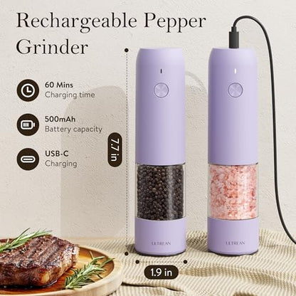 Ultrean Pepper Grinder, Rechargeable Salt and Pepper Grinder with 6 Adjustable Coarseness, LED Light, Automatic Salt and Pepper Shakers, Kitchen Gadgets, Gifts for Women, Lavender Purple - color: Lavender Purple
