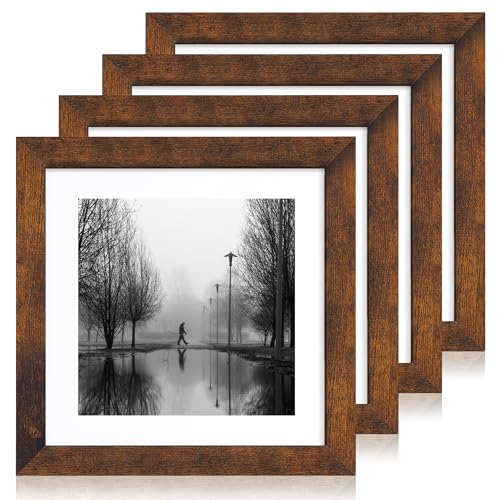 iRahmen 10x10 Picture Frame Set of 4 with Real Glass, Rustic Frames Display 8x8 Picture with Mat or 10 x 10 Without Mat, Wooden Square Photo Frame for Wall Mount and Tabletop Display - color: Dark Brown, size: 10X10