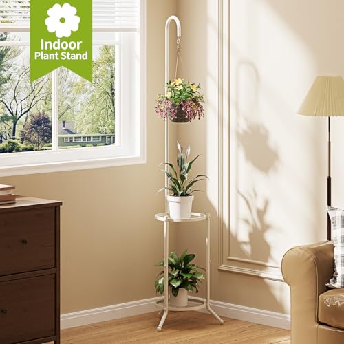 BMOSU Plant Stand with Hooks Indoor Outdoor Corner Tall Plant Stand Heavy-Duty Metal 3-Tier Plant Shelf Holder Rack for Patio Garden Balcony Living Room Bedroom(semicircular White)