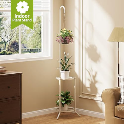 BMOSU Plant Stand with Hooks Indoor Outdoor Corner Tall Plant Stand Heavy-Duty Metal 3-Tier Plant Shelf Holder Rack for Patio Garden Balcony Living Room Bedroom(semicircular White)