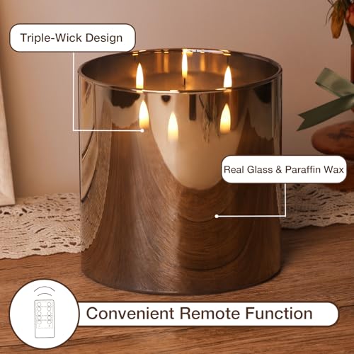 Large 3 Wick Grey Glass Flameless Pillar Candle with Remote | 6x6 inch LED Candle Flickering, Triple Wick, 2 AA Battery Powered, Accent Home Decor Gift - color: Smoke Grey