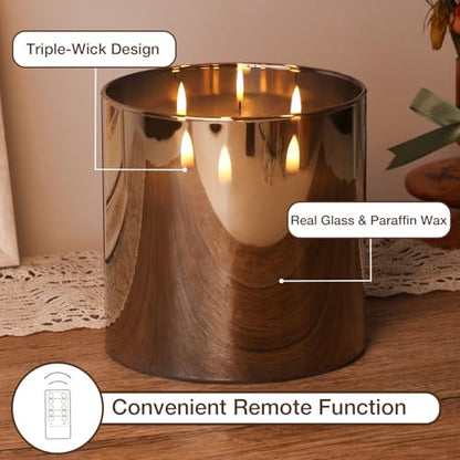 Large 3 Wick Grey Glass Flameless Pillar Candle with Remote | 6x6 inch LED Candle Flickering, Triple Wick, 2 AA Battery Powered, Accent Home Decor Gift - color: Smoke Grey