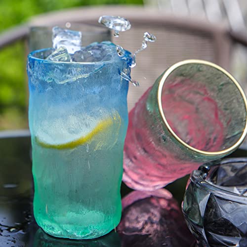 TOSSOW Drinking Glasses Set of 2,Mixed Drink Glassware Sets Glacier Pattern Colorful Glass Water Cups for Wine, Beer, Juice, Mojito and Cocktail(12 oz) - color: Blue Green