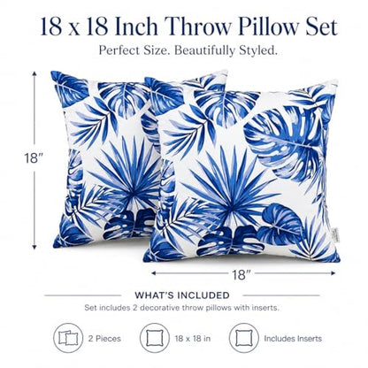 Outdoor Throw Pillows 18×18 Inch Waterproof Pillows with Inserts | Set of 2 Fade Resistant Patio Pillows for Porch Garden Couch and Patio Furniture - color: Blue-palm