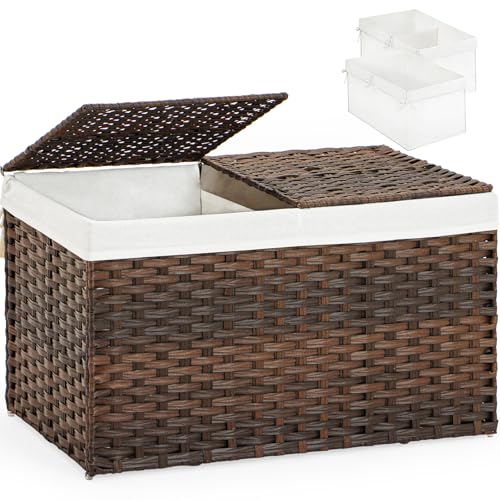SETVSON Storage Basket with Lid, 2-Lid PE Rattan Storage Bin, Brown | 65L Storage Bin with 2 Separate Lids, 2 Removable Liners with Divider for Clothes & Blankets, Sturdy Frame, Brown - color: Brown, size: 65L-22L*13W*13.8H