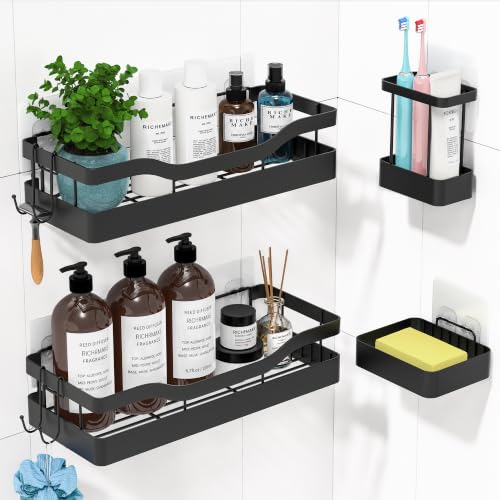 Heavy-Duty Adhesive Shower Caddy, Black Organizer | No Drill Wall Mounted Stainless Steel Bathroom Shelves with 44lbs Max Load, 0.43" Wire Spacing, Toothbrush & Soap Holder - color: Black