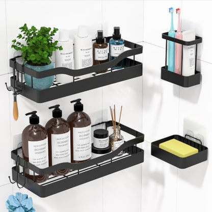 Heavy-Duty Adhesive Shower Caddy, Black Organizer | No Drill Wall Mounted Stainless Steel Bathroom Shelves with 44lbs Max Load, 0.43" Wire Spacing, Toothbrush & Soap Holder - color: Black