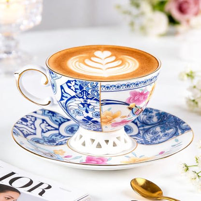 KAMMAK Tea Cups and Saucers Set of 2, Fine Bone China Coffee Cups, GH011 | Stackable Espresso Mugs, Ceramic Demitasse for Coffee, Cappuccino, Latte, Americano, Tea - size: 8KPGH011