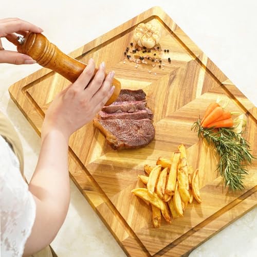 Howizz Solid Acacia Wood 20"x15" Large Cutting Board, Herringbone Chevron Cutting Board Large Grazing Board Charcuterie Serving Board, Non Toxic Natural Solid Wood Thick Wooden Chopping Boards - color: Premium Herringbone, size: 20"L x 15"W