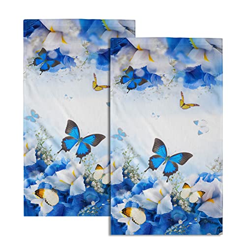 Giwawa Blue Butterfly Hand Towels Spring Flowers Kitchen Dish Towels Set of 2 Soft Absorbent Fingertip Towel for Bathroom Spa Gym Hotel - color: Blue Butterfly