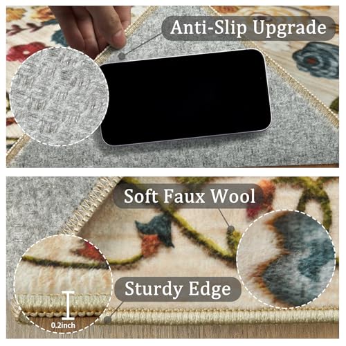 Washable 4ft Round Area Rug Beige Boho Floral Non-Slip for Bedroom, Kitchen | Soft Low-Pile Carpet for Pet Feeding Areas, Bathroom, Entryway, Nursery, Kid & Pet Friendly, Stain, Fade & Wear Resistant - color: Beige, Cream, Mustard, Brick Red and Blue, siz