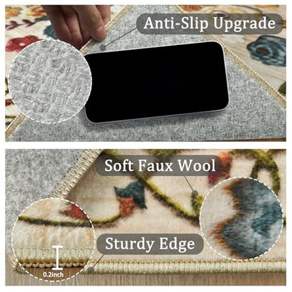 Washable 4ft Round Area Rug Beige Boho Floral Non-Slip for Bedroom, Kitchen | Soft Low-Pile Carpet for Pet Feeding Areas, Bathroom, Entryway, Nursery, Kid & Pet Friendly, Stain, Fade & Wear Resistant - color: Beige, Cream, Mustard, Brick Red and Blue, siz