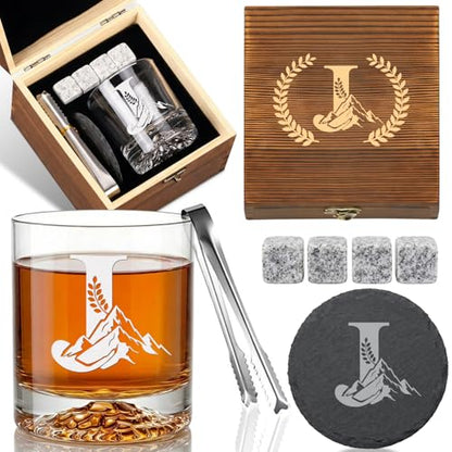 Personalized Whiskey Glass Gift Set for Men – Monogrammed Initial Rocks Glass with Slate Coaster, Wooden Box & Whiskey Stones, Birthday Father's Day for Him Dad Husband (J) - style: J