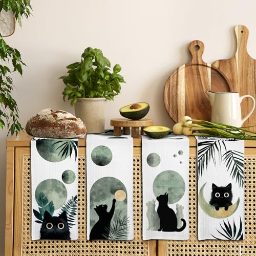 Boho Black Cat Kitchen Towels Set of 4, Sage Green Mid Century Modern Abstract Botanical Decorative Hand Towel for Bathroom, Black Cat Gifts Dish Tea Towels for Kitchen Decor, 16x24 Inch