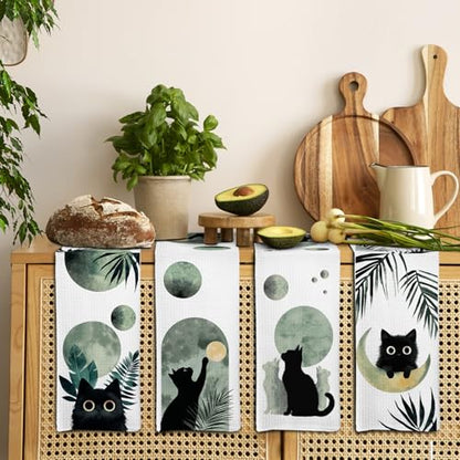 Boho Black Cat Kitchen Towels Set of 4, Sage Green Mid Century Modern Abstract Botanical Decorative Hand Towel for Bathroom, Black Cat Gifts Dish Tea Towels for Kitchen Decor, 16x24 Inch