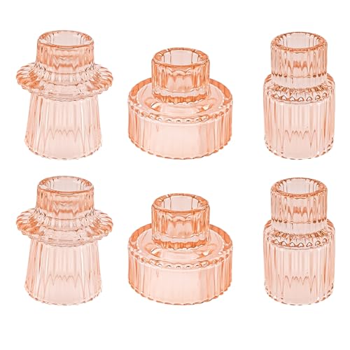 Glass Candlestick Holders, Taper Candle Holders,Set of 3,Orange Pink | Double-sided ribbed glass taper candle holders for weddings, parties, Valentine’s Day, Mother’s Day, Christmas,and home decor - color: Orange Pink, size: 6 PCS