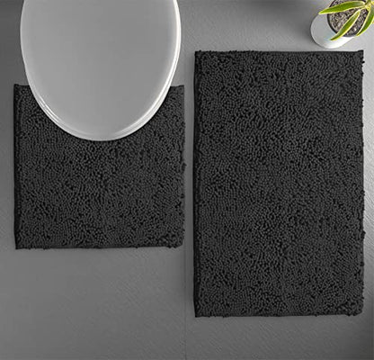 LuxUrux Bathroom Rugs Sets 2 Piece: Quick Dry, Soft Plush Anti-Slip, Super Absorbent. Includes Rectangular (31x20 inches) & U-Shaped Toilet Mat (20x20 inches) | Black - color: Black, size: 2 Piece Set