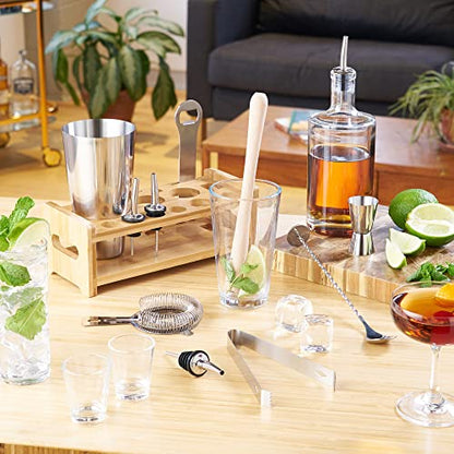 True 14-Piece Barware Set with Wood Stand for Mixing Cocktails and Drinks, Perfect Home Bar Accessories, Mixology Bartender Kit, Bartending Supplies - size: 14-Piece