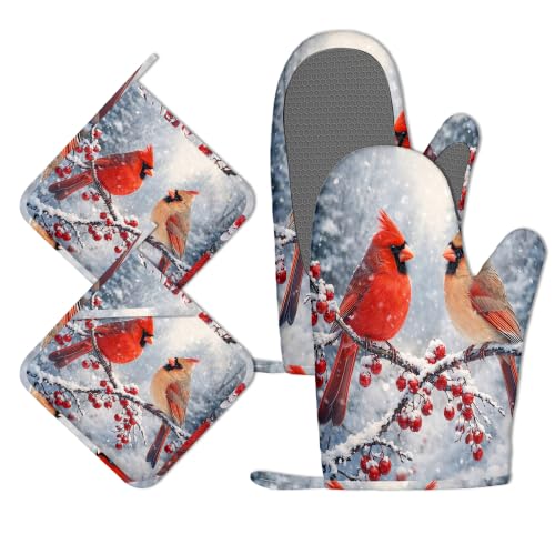 Winter Cardinal Bird Oven Mitts and Pot Holders Sets Silicone Kitchen Mitts Potholders Heat Resistant 4Pcs Oven Gloves Hot Pads for Kitchen Baking Cooking - color: Winter Cardinal Bird