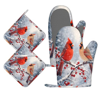 Winter Cardinal Bird Oven Mitts and Pot Holders Sets Silicone Kitchen Mitts Potholders Heat Resistant 4Pcs Oven Gloves Hot Pads for Kitchen Baking Cooking - color: Winter Cardinal Bird