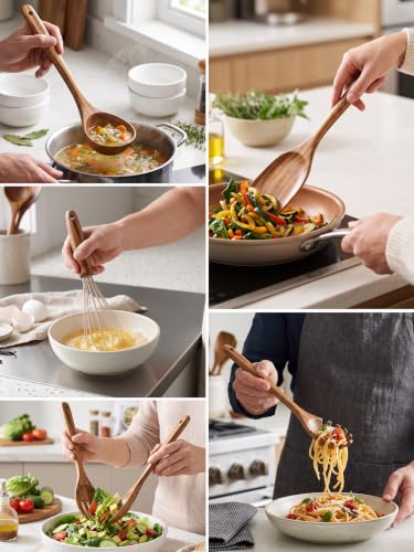 AIUHI 10 Pcs Wooden Spoons for Cooking, Teak Wooden Utensil Set for Nonstick Cookware, Wooden Kitchen Utensils Set with Whisk and Spaghetti Server