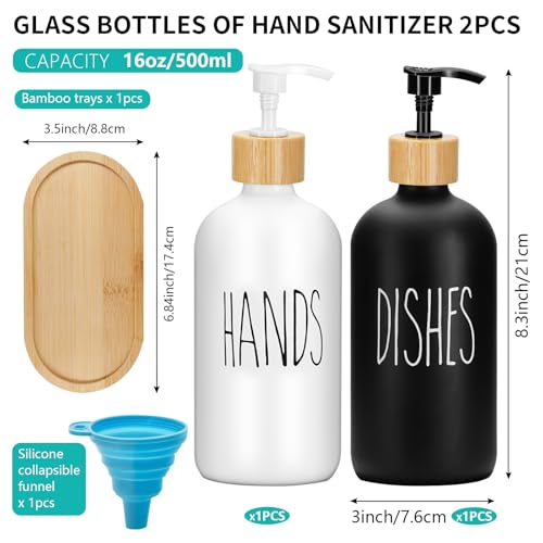 2 Pack 16 Oz Glass Soap Dispenser Set with Tray, Hand Dish Soap Dispenser Set for Bathroom and Kitchen Bottle Dispenser with Dish Soap, Hand Soap, Lotion (White（Hands） Black (Dishes)) - color: White（hands）black (Dishes)