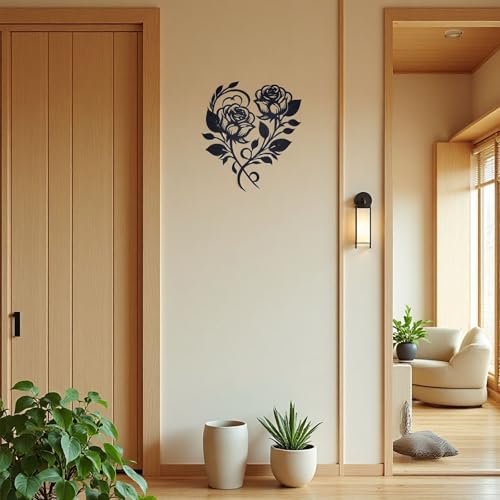 zepongLN Metal Rose Heart Wall Decor, Black, 12x10 Inches | Floral Wall Sculpture, Elegant Metal Flower Design, For Living Room, Bedroom, Dining Room
