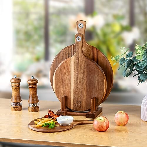 BILL.F Acacia Pizza Peel, Set of 3 Acacia Wood Cutting Board 8" 10" 12" Inch Cutting Board, Cheese Paddle Board, Bread and Crackers Platter for Serving and Minor Food Prepare with Handle and Organizer - style: 8/10/12 inch