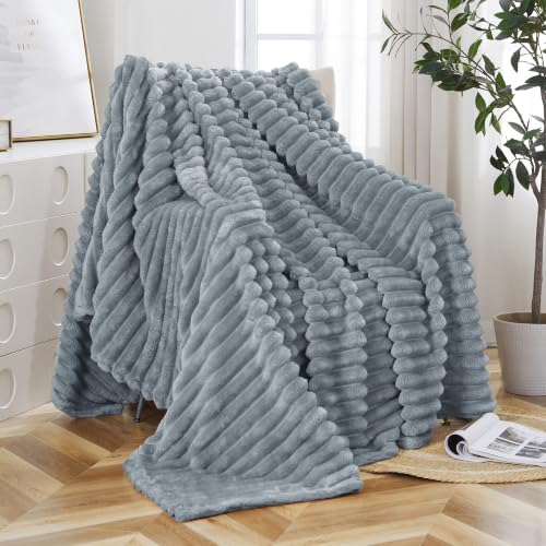 Taliska Grey Fleece Twin Blanket 60"x80" - Soft Cozy Fluffy Striped Blanket for Couch Sofa Bed, Lightweight Warm Twin Blankets for All-Season Home Decor - color: Grey, size: Throw(60"x80")