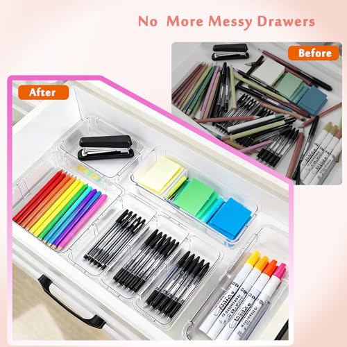 15 Pcs Extendable Drawer Organizer Tray, Adjustable Drawer Storage Bin | 2-size Clear Acrylic Bathroom & Vanity Drawer Organizers for Makeup Cosmetic Kitchen Utensils, Dresser Desk Drawer Storage
