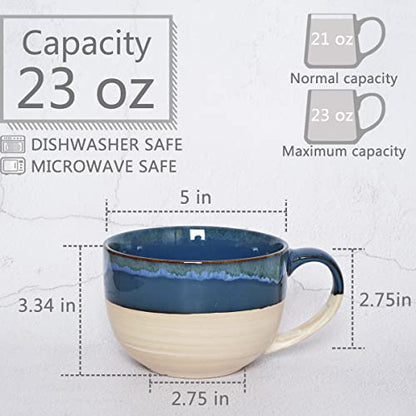 Ceramic Jumbo Coffee Mug Set of 2, 23 Oz, Large Mug Soup Bowls with Handles, Dishwasher and Microwave Safe (Prussian Blue) - color: Prussian Blue