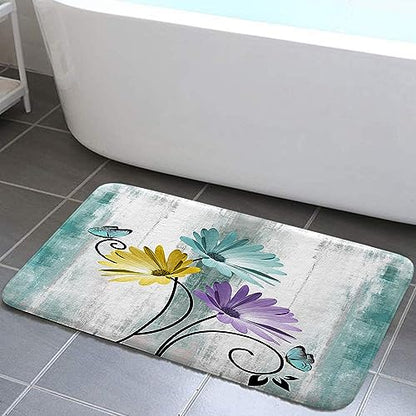 Rustic Farmhouse Bath Mat Set, Farm Teal Daisy Floral Flowers and Butterfly on Country Wooden Bathroom Mat Set with Non-Slip Bath Rug, Soft Toilet Lid Cover and Contour Mat, Turquoise - color: Teal-2