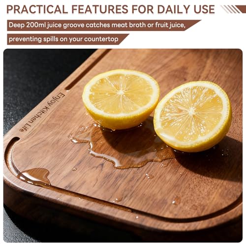 Wood Cutting Board for Kitchen, 14.5"×9.5"×1", Natural Ebony Wood | Double-Sided with Juice Groove, Non-Slip Feet, For Meat, Vegetables, Fruit, One-Piece Solid Construction