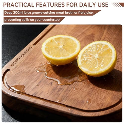 Wood Cutting Board for Kitchen, 14.5"×9.5"×1", Natural Ebony Wood | Double-Sided with Juice Groove, Non-Slip Feet, For Meat, Vegetables, Fruit, One-Piece Solid Construction