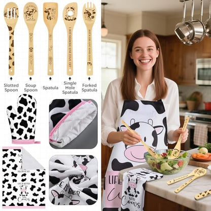 Funnymoom 10 Pcs Mother's Day Cow Kitchen Gift Set for Women Include Apron Oven Mitts Pot Holder Dish Towel Cooking Utensil Kit - style: Cow