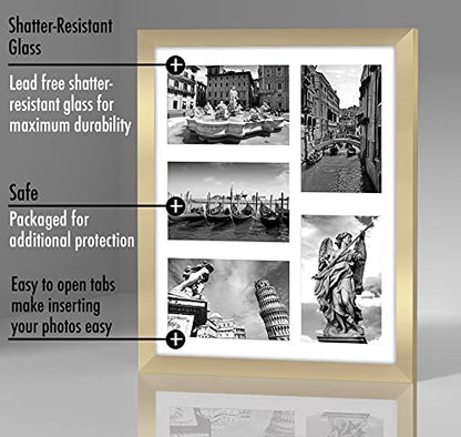 Americanflat 4x6 Collage Picture Frame with Shatter-Resistant Glass - Fits Five 4x6 Photos or Use as One 11x14 Picture Frame - Signature Collection - Collage Frames for Wall Display - Gold | Overall frame size 11x14, Shatter-resistant glass, hangs vertica